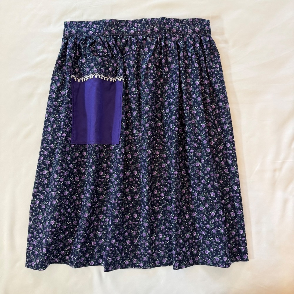 Vintage Floral Half Apron Cottagecore Prairie Navy Purple Calico Pocket Lace